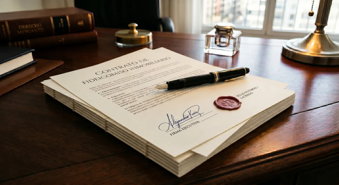 Contrato de fideicomiso inmobiliario firmado, con pluma estilográfica y sello de lacre