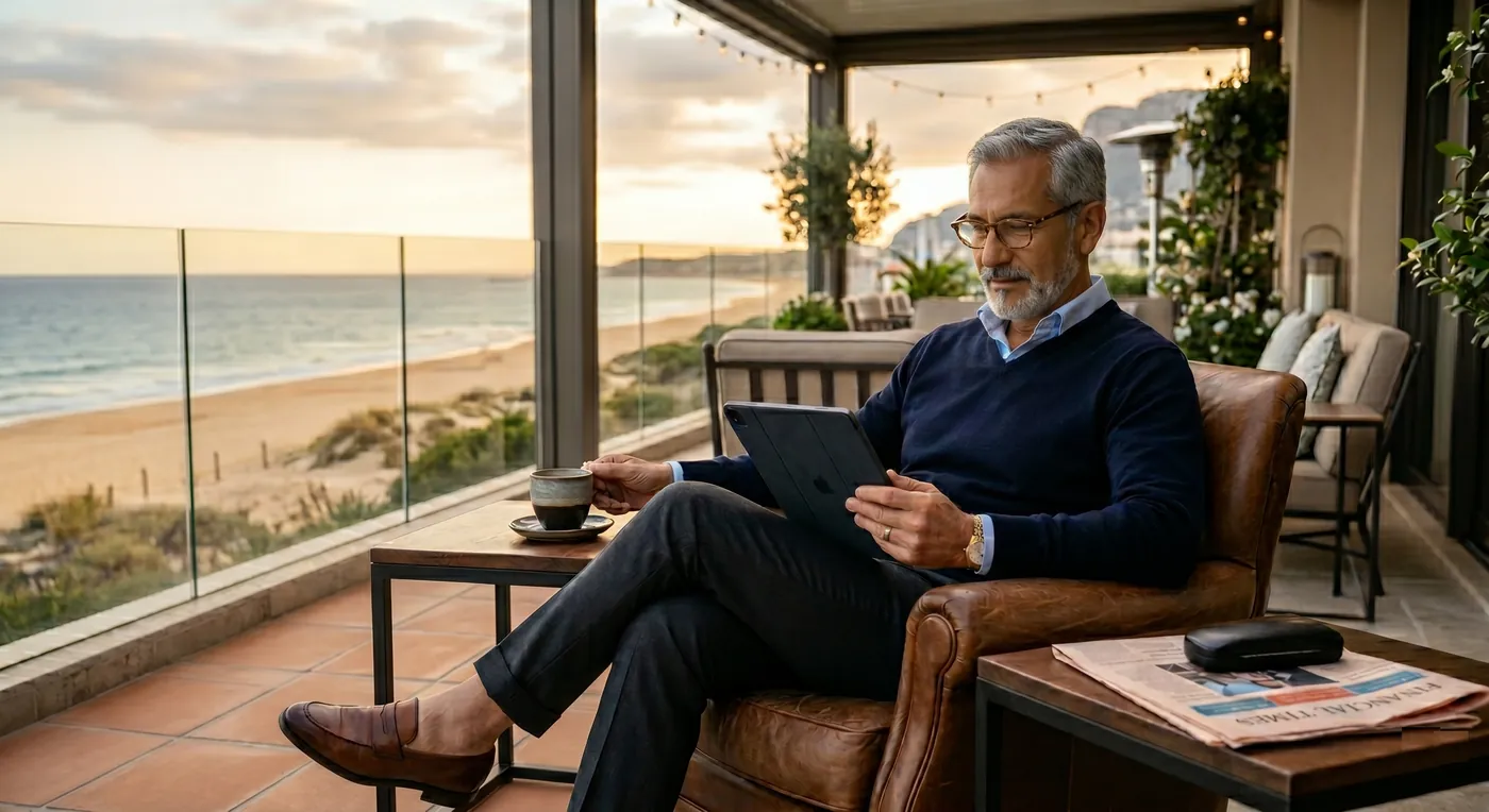 Hombre mayor leyendo una tableta con tranquilidad en la terraza de su departamento frente al mar