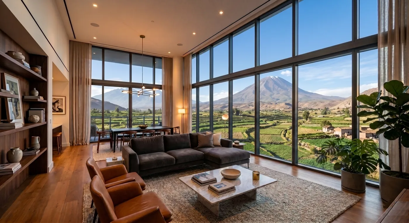 Sala amplia de un departamento nuevo con ventanales y vista a las montañas