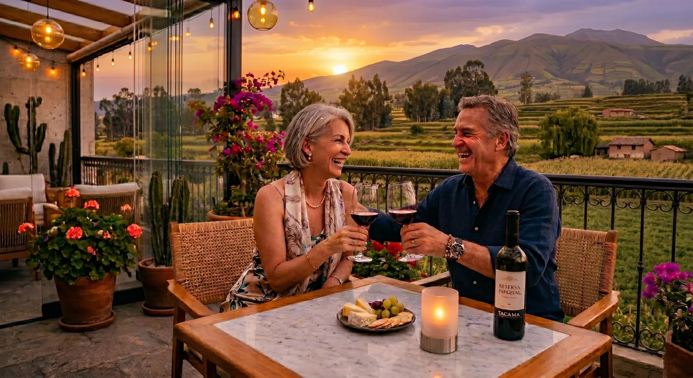 Pareja mayor brindando en la terraza de su departamento al atardecer