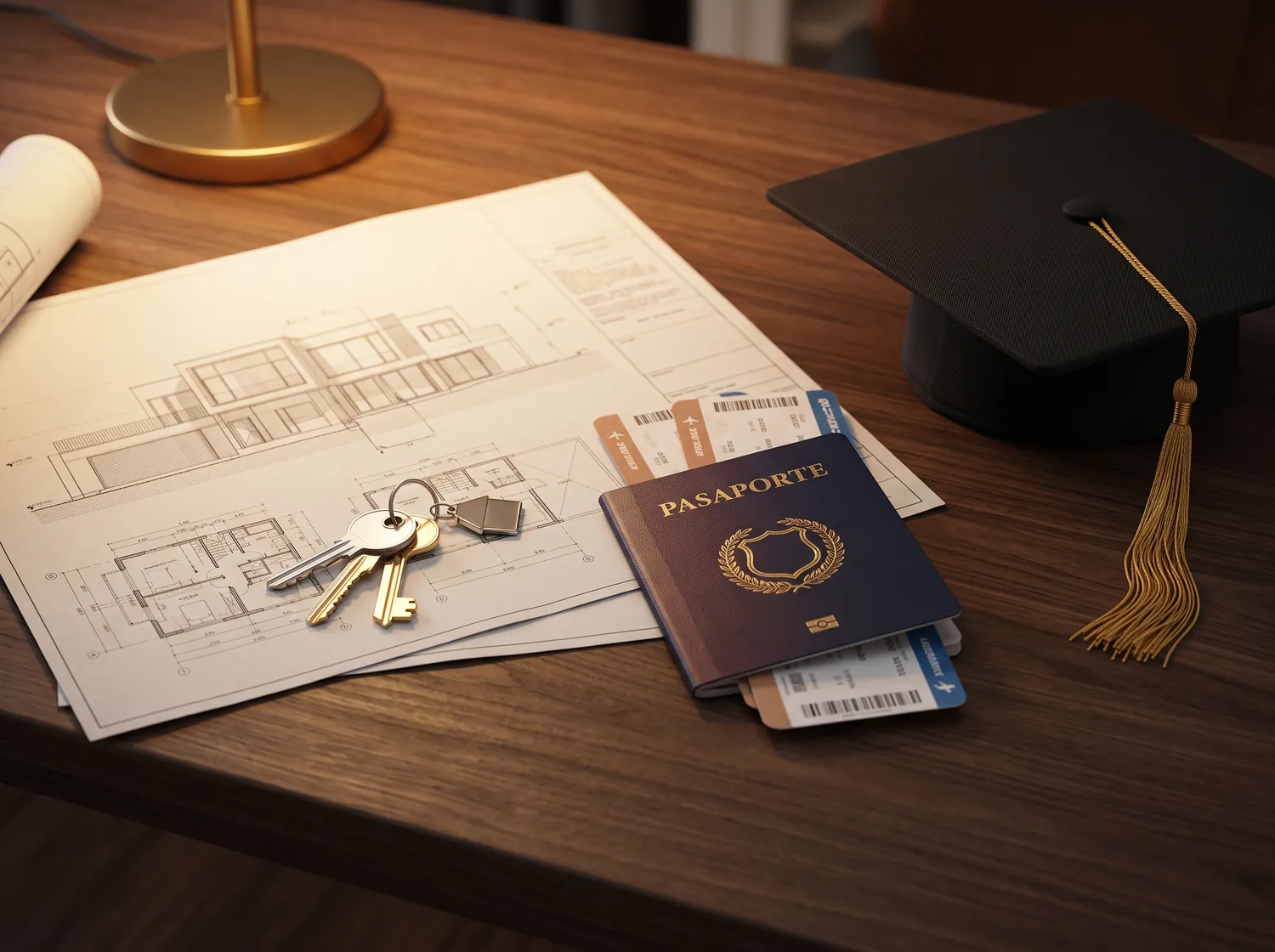 Escritorio con planos de una casa, llaves, un pasaporte con boletos de avión y un birrete de graduación
