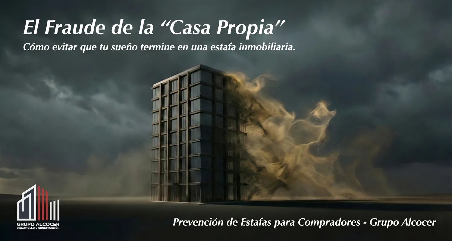 Edificio que se deshace en polvo bajo un cielo tormentoso con el título «El fraude de la casa propia: cómo evitar que tu sueño termine en una estafa inmobiliaria»