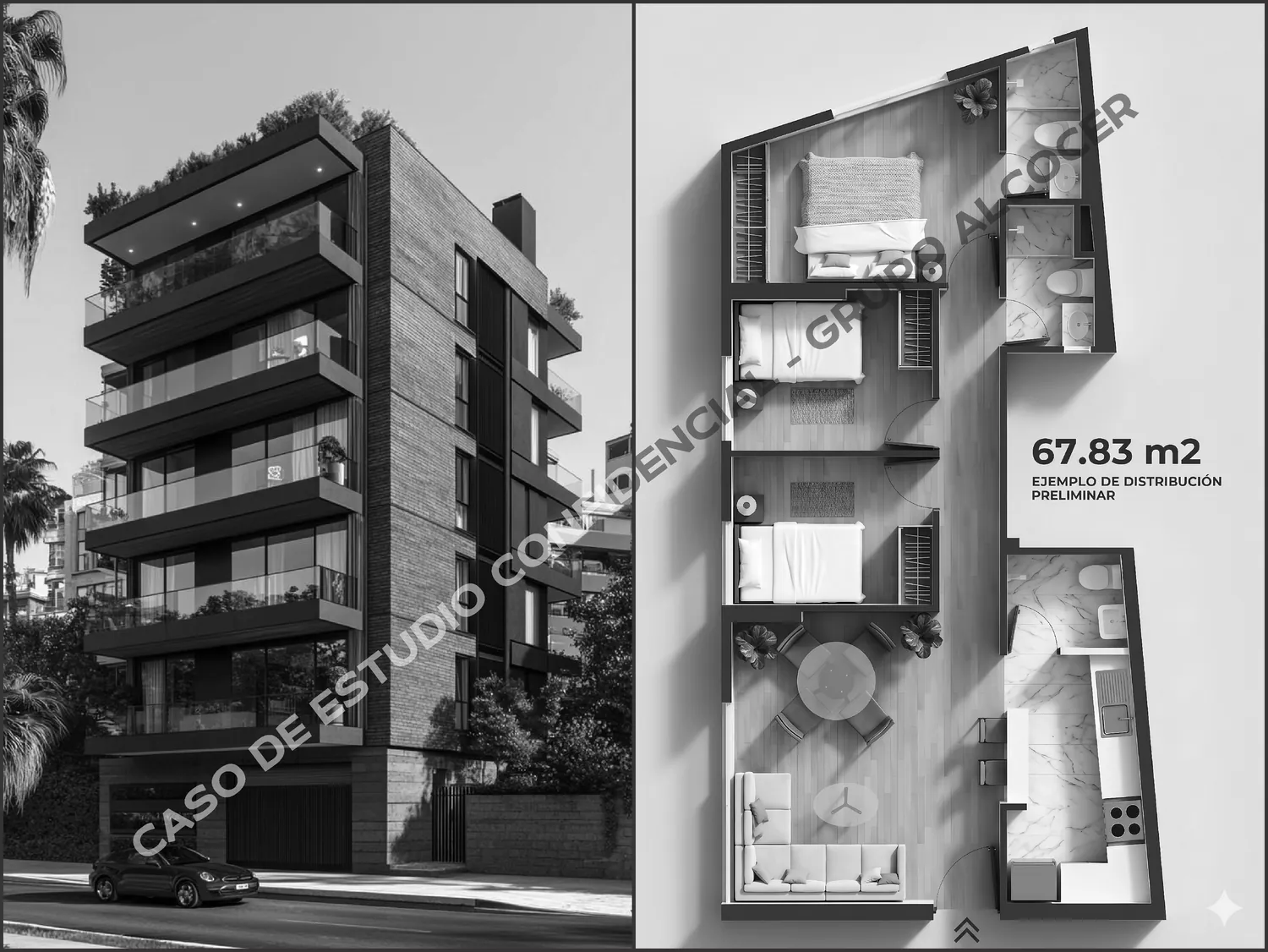 Volumetría del edificio residencial proyectado y plano de distribución de un departamento de 67.83 m², marcados como caso de estudio confidencial