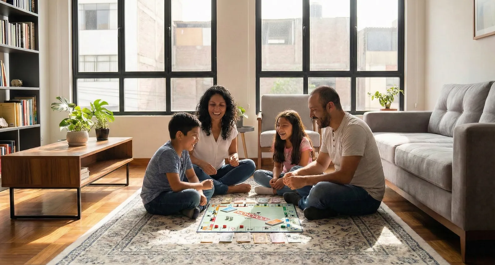 Familia jugando un juego de mesa en la sala luminosa de su departamento