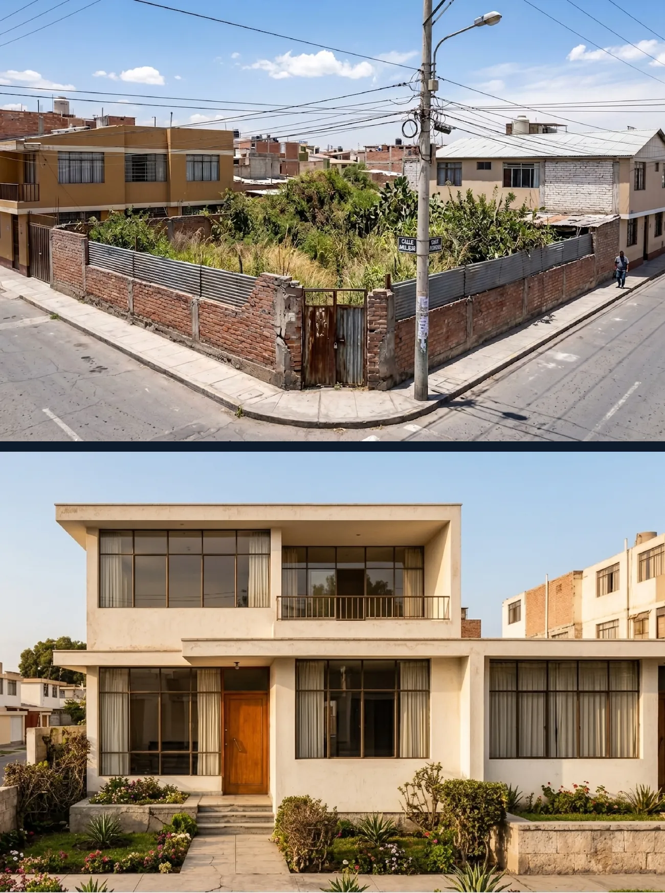 Antes: un terreno esquinero baldío con vegetación crecida y una casa antigua de dos pisos
