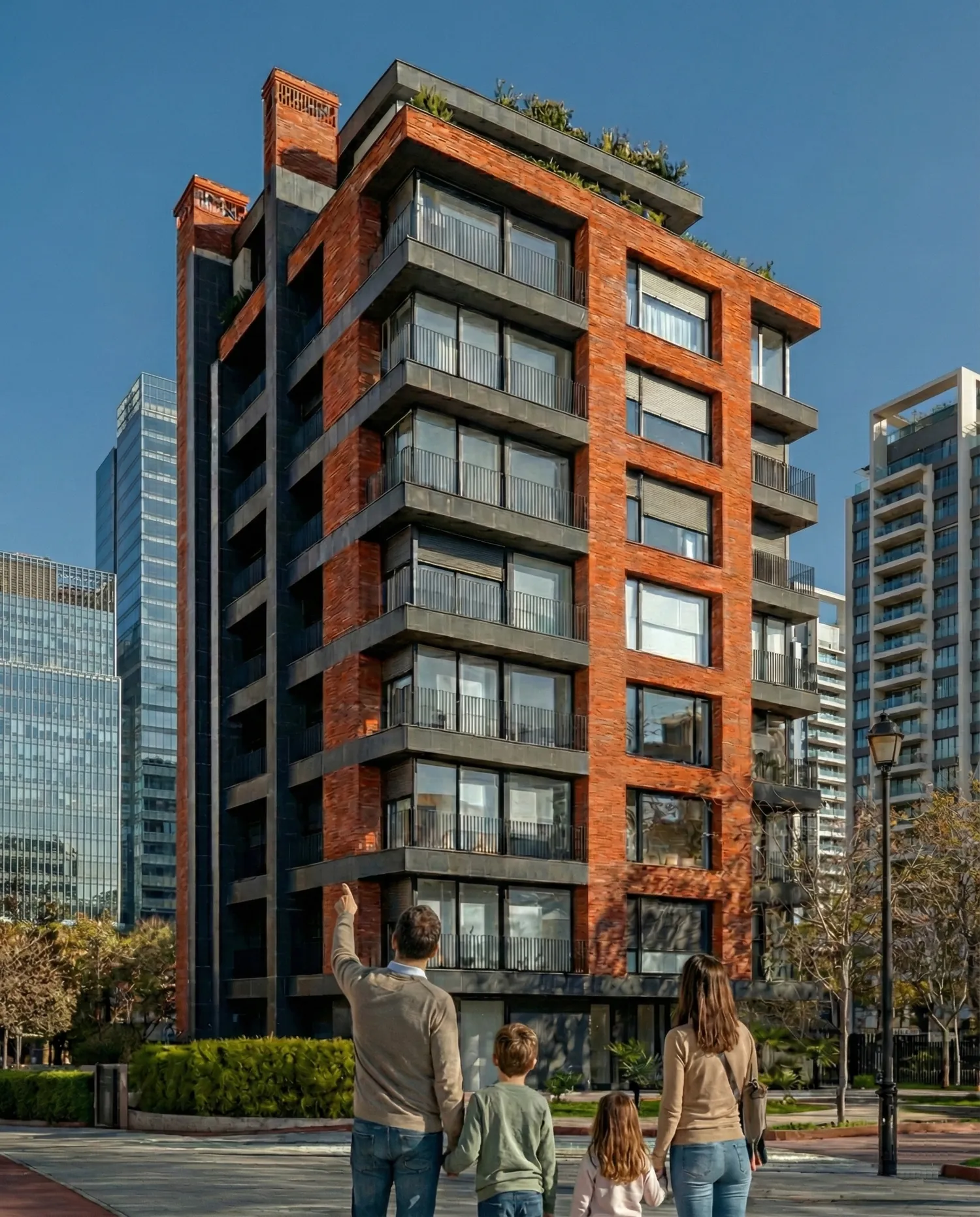 Familia observando un edificio residencial moderno de ladrillo y vidrio