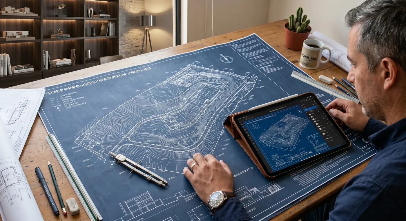 Asesor revisando en una tableta los planos de un terreno