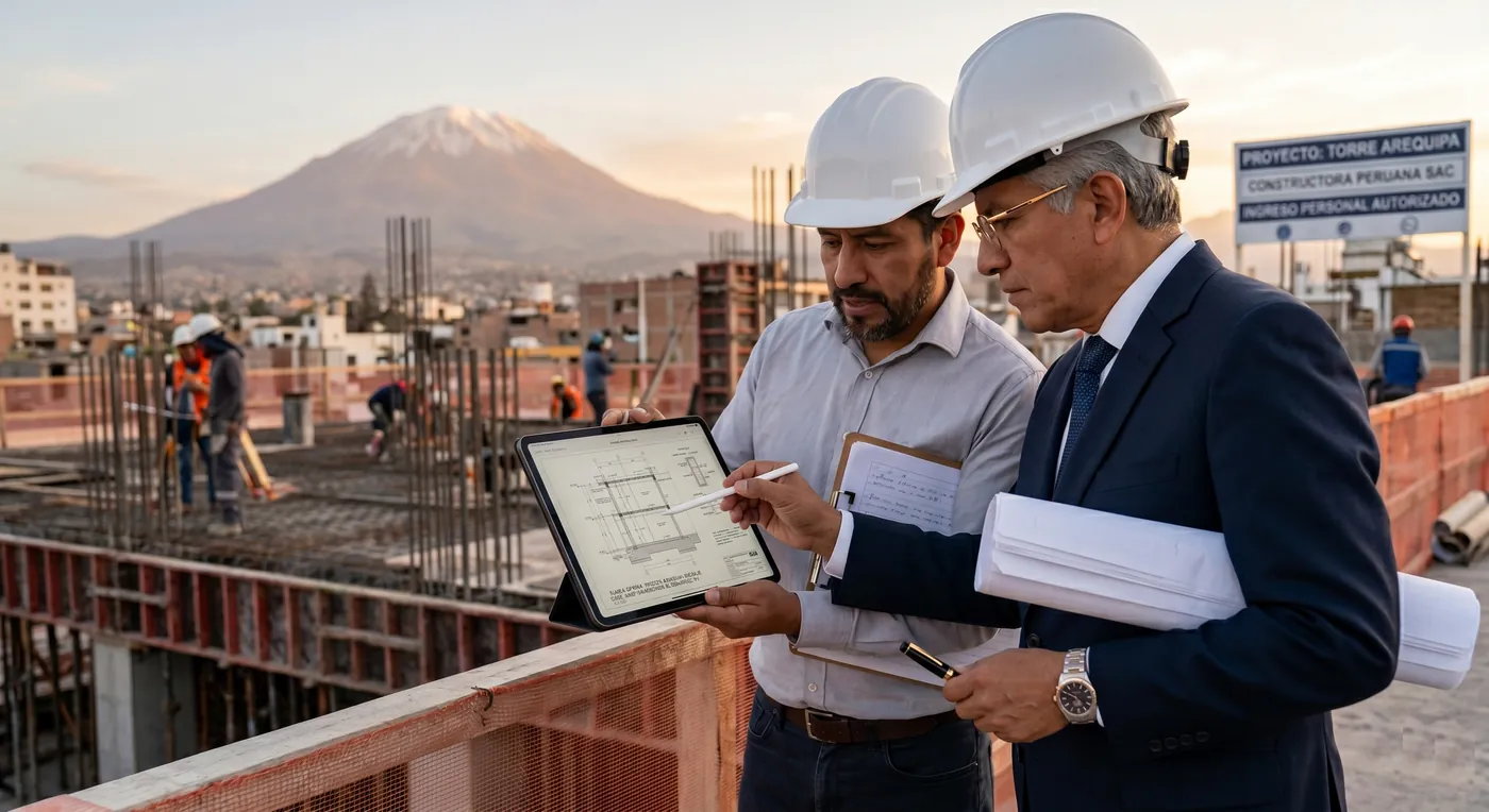Ingeniero y asesor con cascos revisando en una tableta el avance de la obra