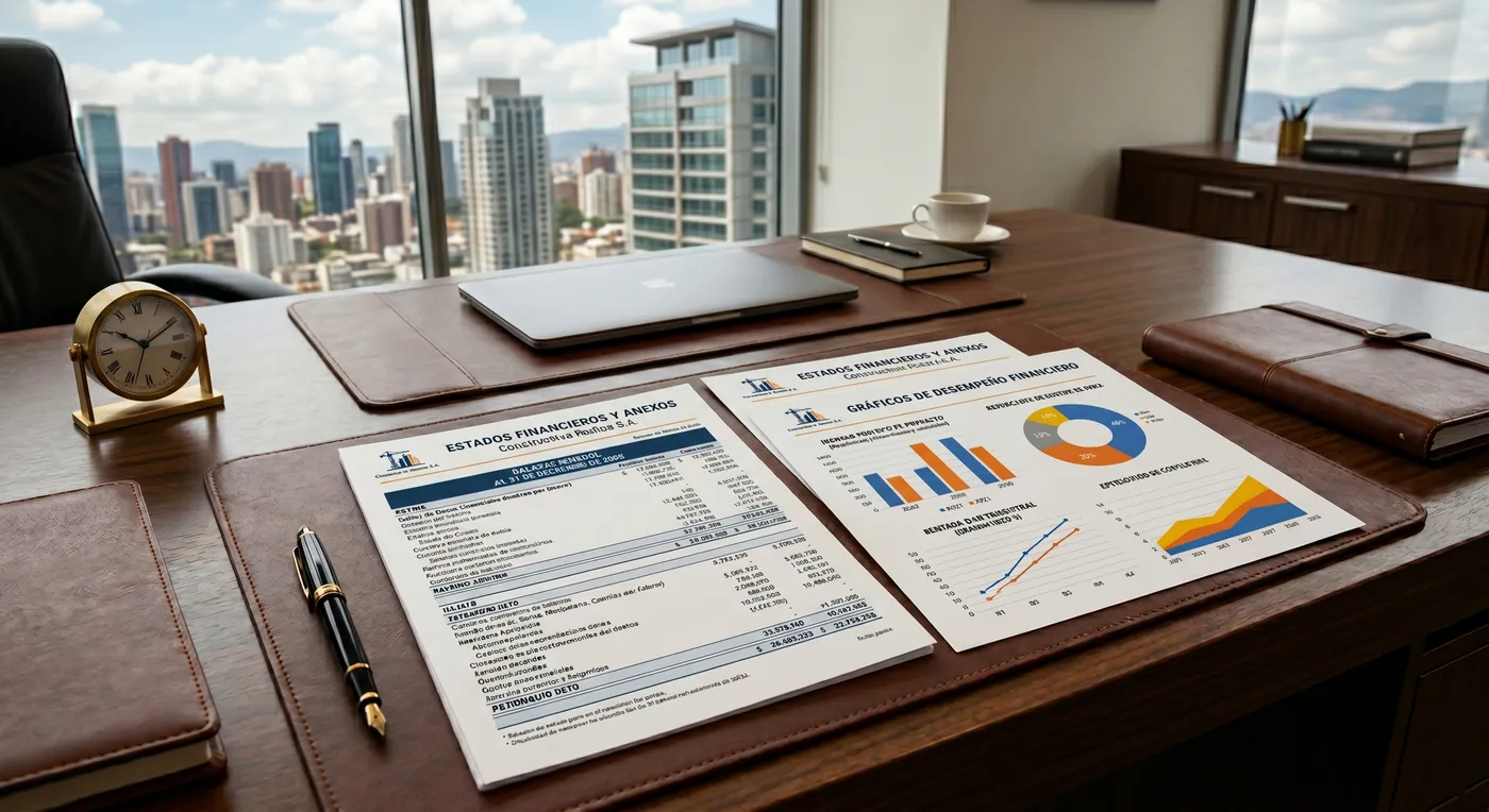 Informes financieros con gráficos sobre un escritorio de oficina con vista a la ciudad