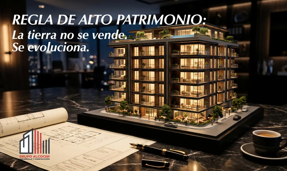Maqueta iluminada de un edificio sobre planos con el texto «Regla de alto patrimonio: la tierra no se vende, se evoluciona»