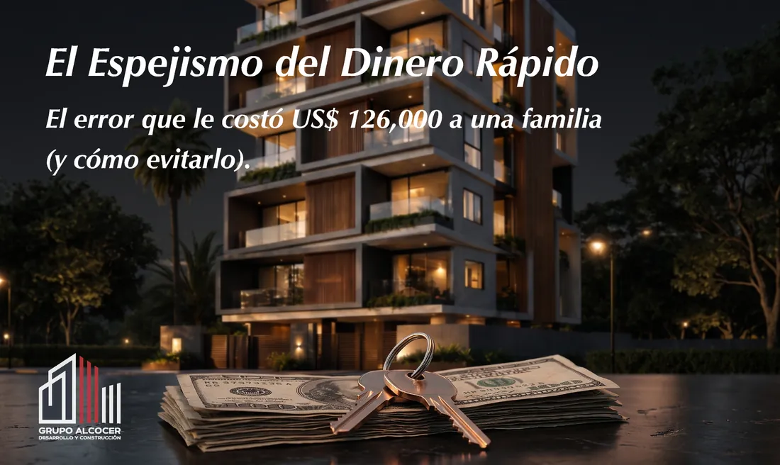 Edificio iluminado de noche con llaves sobre billetes y el texto «El espejismo del dinero rápido: el error que le costó US$ 126,000 a una familia»