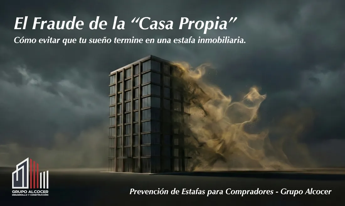 Edificio que se deshace en polvo bajo un cielo tormentoso con el título «El fraude de la casa propia»