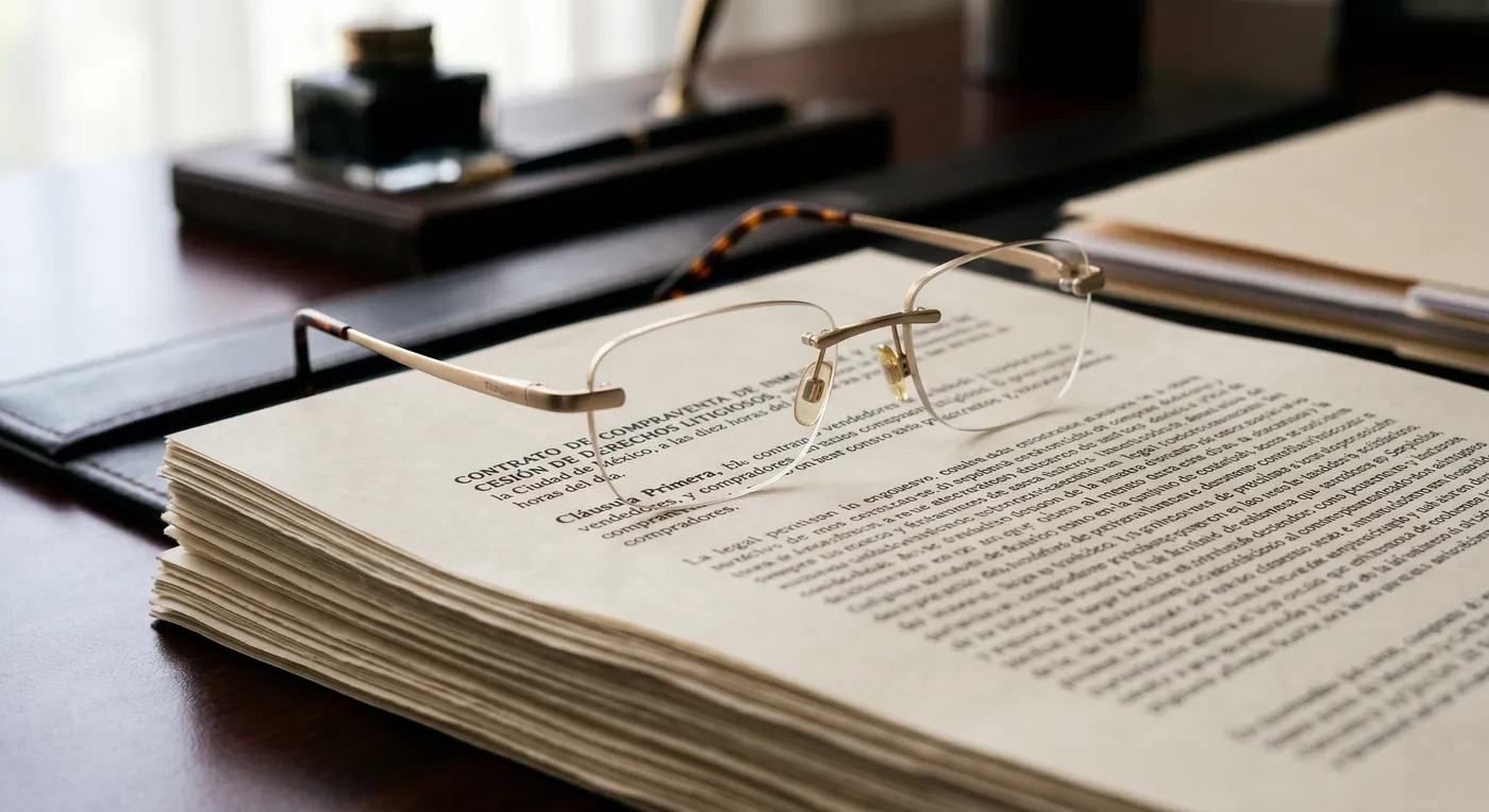 Contrato abierto con unos anteojos sobre el escritorio de un abogado