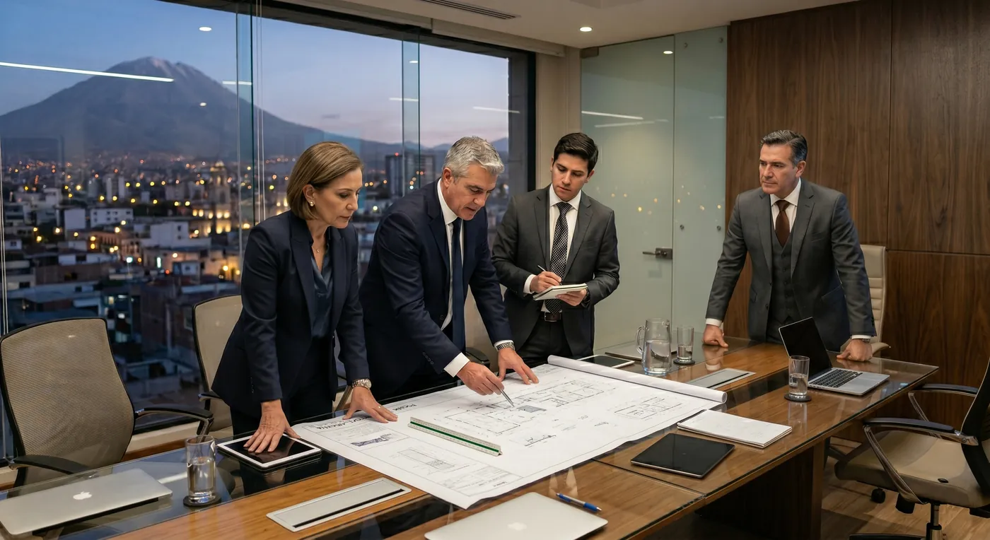 Arquitectos y desarrolladores revisando planos en una sala de reuniones