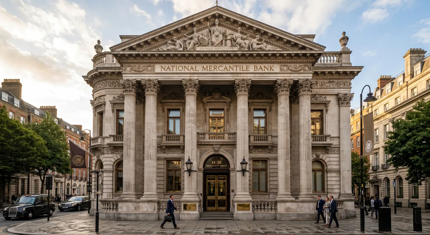 Fachada neoclásica de una institución bancaria