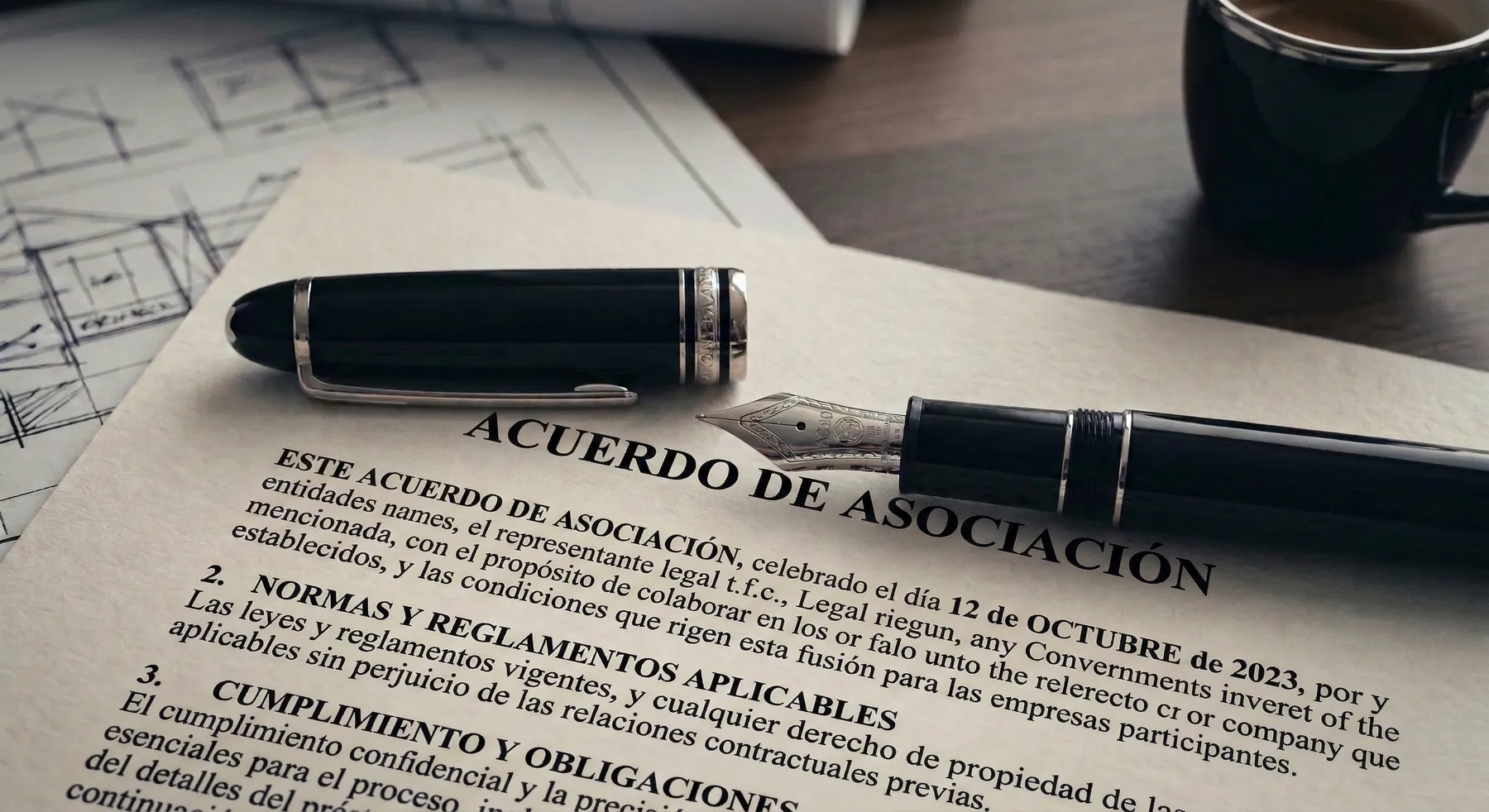 Acuerdo de asociación impreso junto a una pluma estilográfica